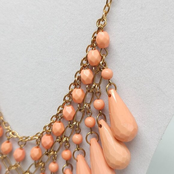 Vintage Style Peach Acrylic Beaded Bib Necklace With Gold-Tone Chain Boho - Picture 3 of 7